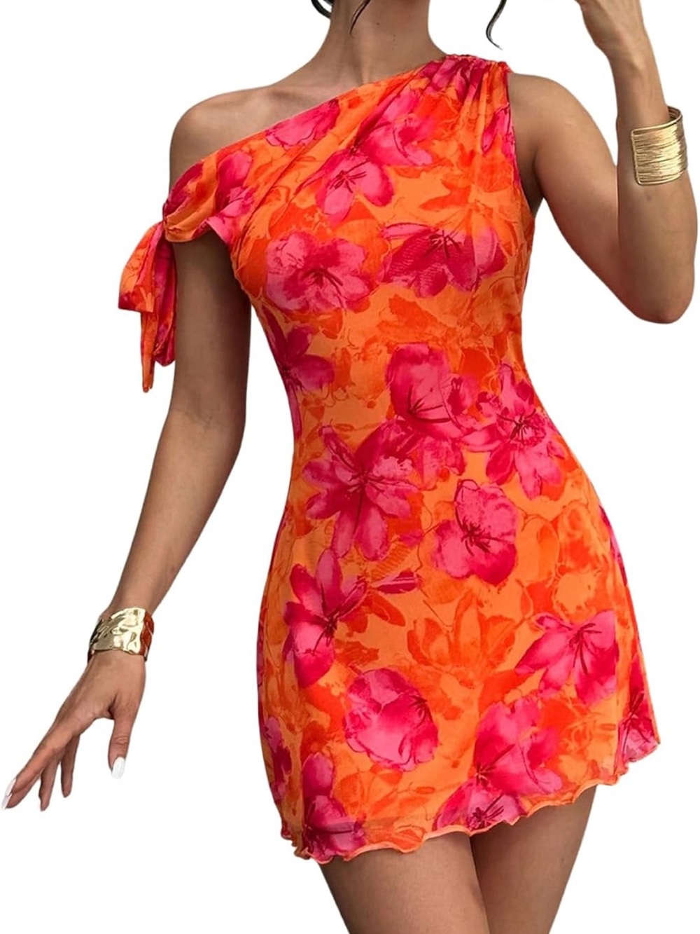 One-Shoulder Orange & Pink Floral Mini Dress